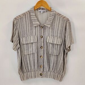 Cara Loren Women's Button Up Striped Blouse Large Cream Black Crop Top